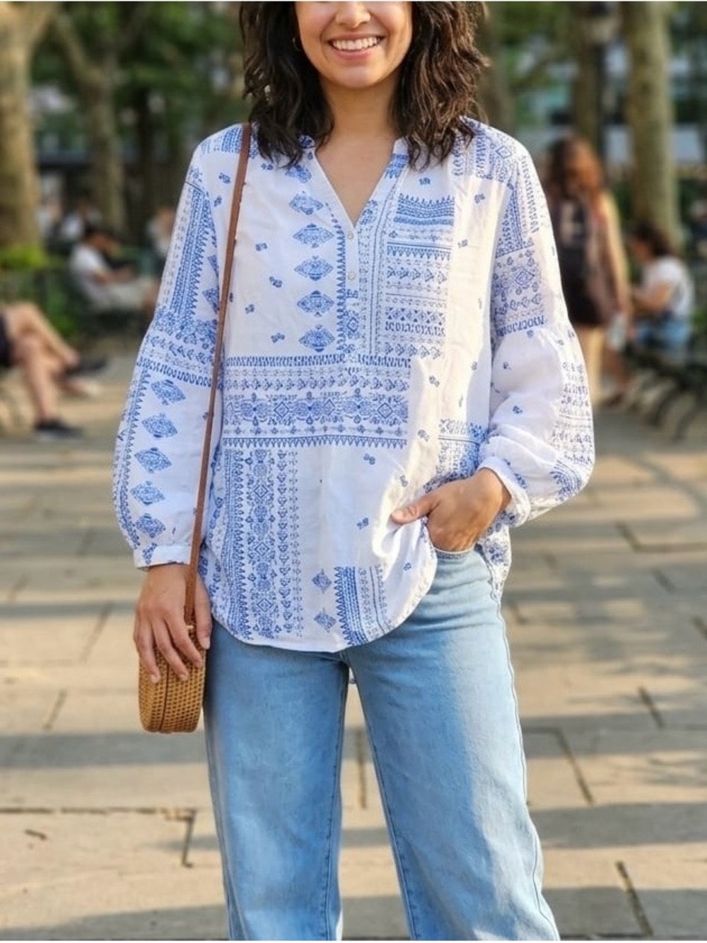 grand & greene White and Blue Printed Peasant Blouse
